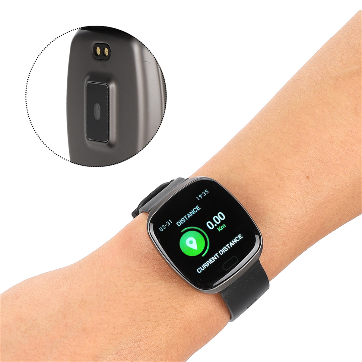 Eine Person, die eine Smartwatch trägt, zeigt 0,00 km, zeigt die Zeit 19:35.