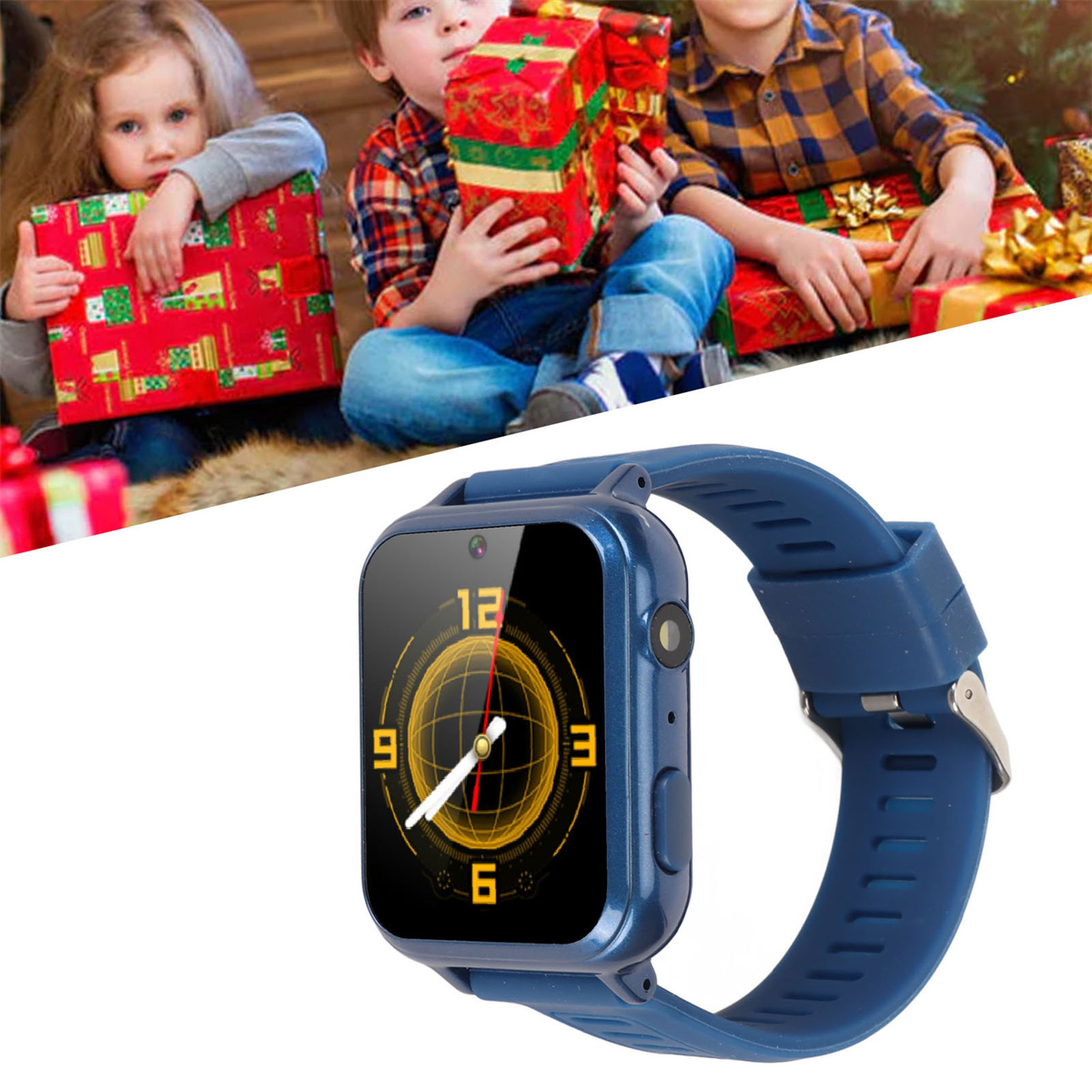 Kinder halten Geschenke mit einer blauen Smartwatch auf der rechten Seite.