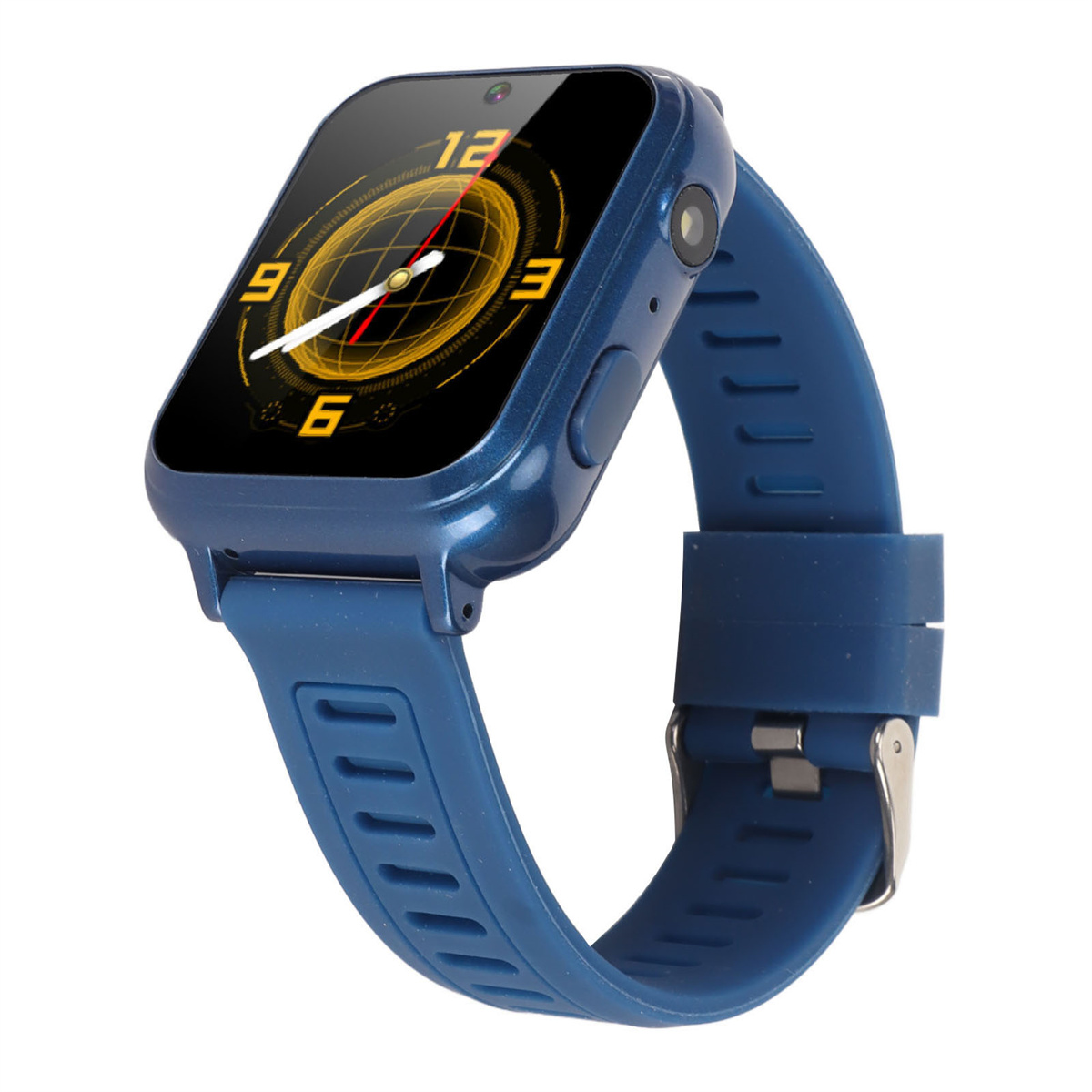 Blaue Smartwatch mit Digitaluhr. Die Uhr hat ein blaues Armband und ist auf weißem Hintergrund isoliert.