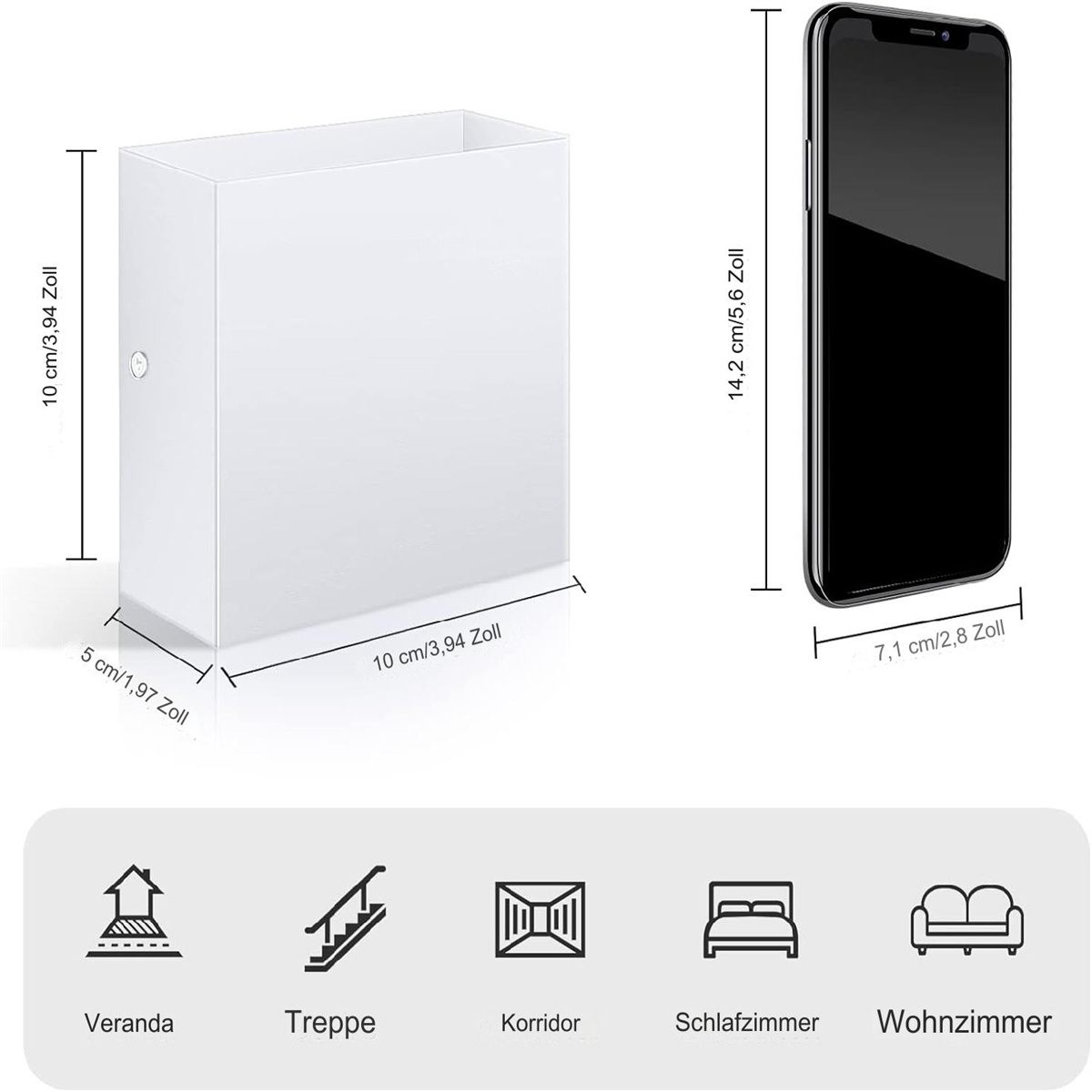 Eine weiße Aufbewahrungsbox und ein Telefon rechts mit markierten Abmessungen. Der Hintergrund ist weiß.