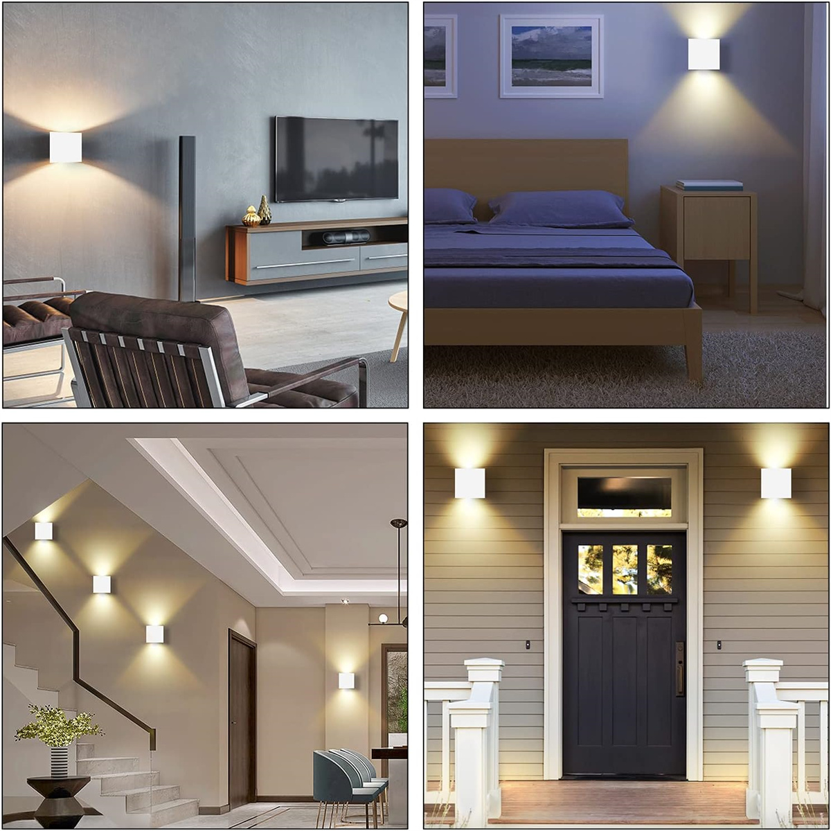 Vier Bilder von quadratischen LED-Leuchten in verschiedenen Umgebungen: Wohnzimmer, Schlafzimmer, Flur und Eingang.