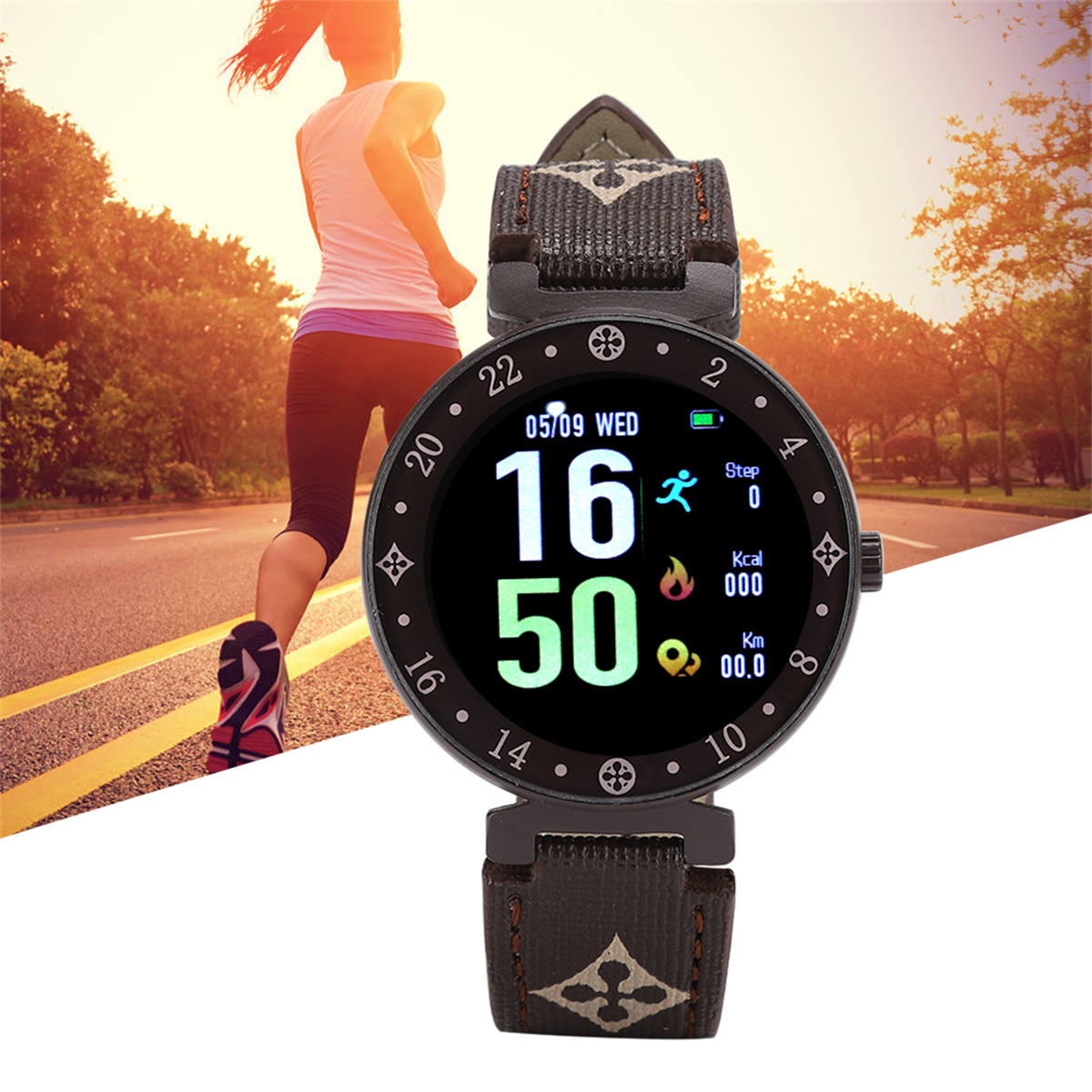 Eine schwarze Smartwatch, die Zeit, Aktivitätsdaten und ein laufendes Personensymbol anzeigt.