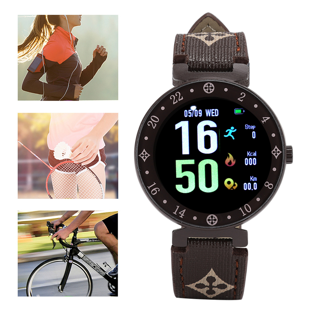 Smartwatch zeigt Metriken, Bilder von Laufen, Radfahren und Badminton.