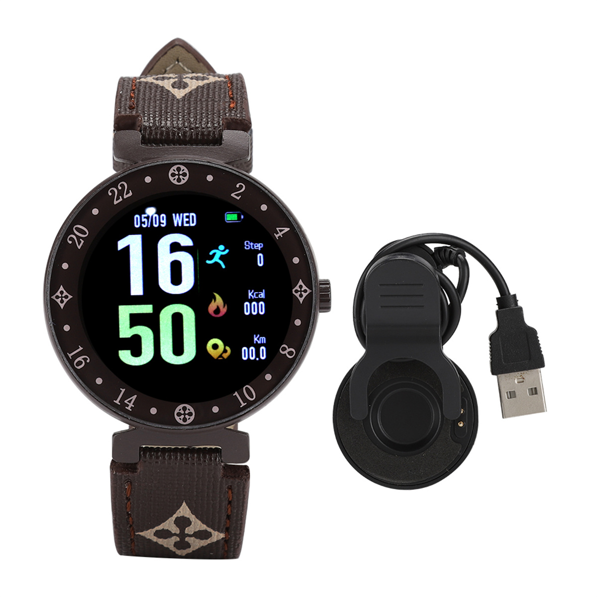 Eine Smartwatch mit braunem Armband, die Datum, Uhrzeit, Aktivität und eine Ladestation anzeigt.