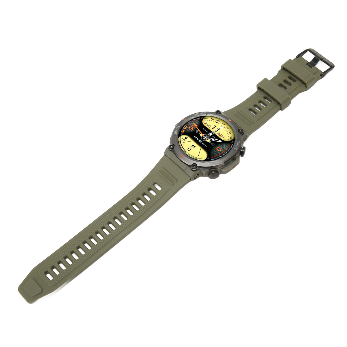Olivgrüne Smartwatch mit Armband, zeigt die Uhrzeit an.