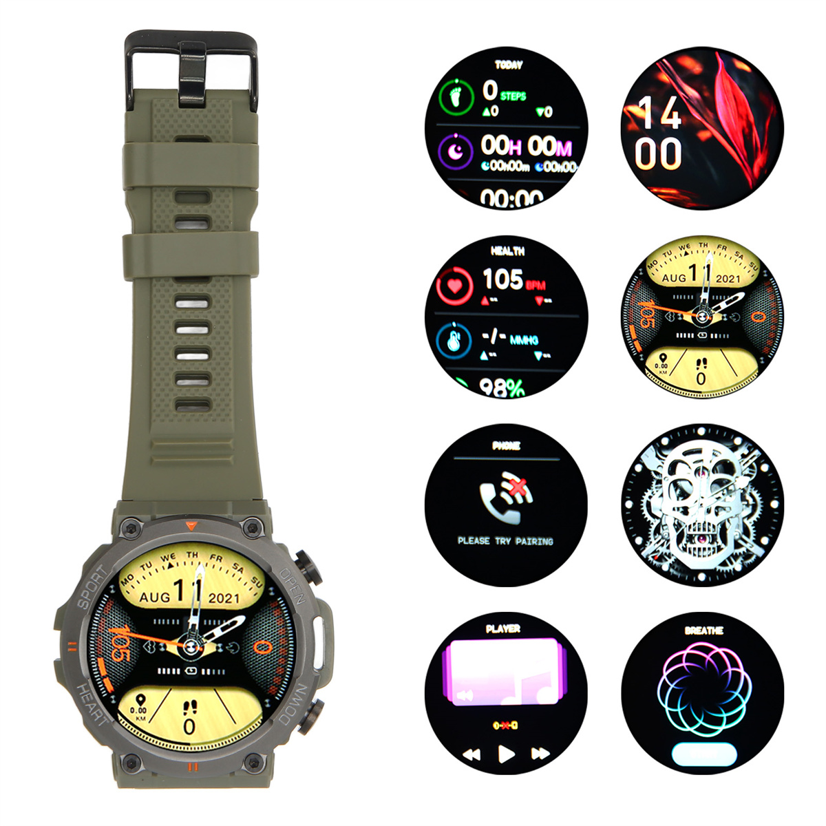 Grüne Smartwatch mit verschiedenen Anzeigeoptionen, einschließlich Gesundheitsdaten.
