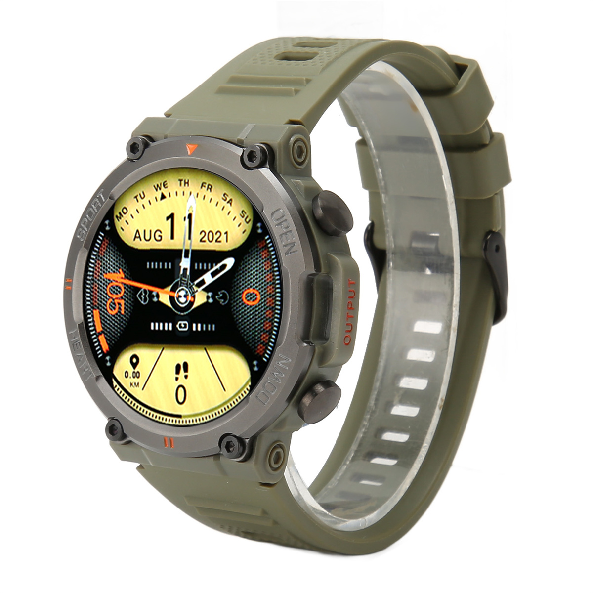 Eine grüne Smartwatch mit rundem Zifferblatt, die das Datum 11. August 2021 anzeigt, und ein grünes Uhrenarmband.