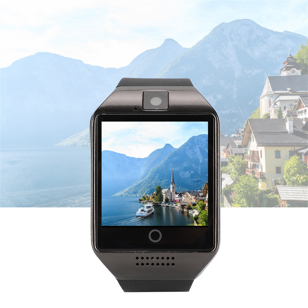 Eine schwarze Smartwatch zeigt eine malerische Berg- und Seelandschaft.