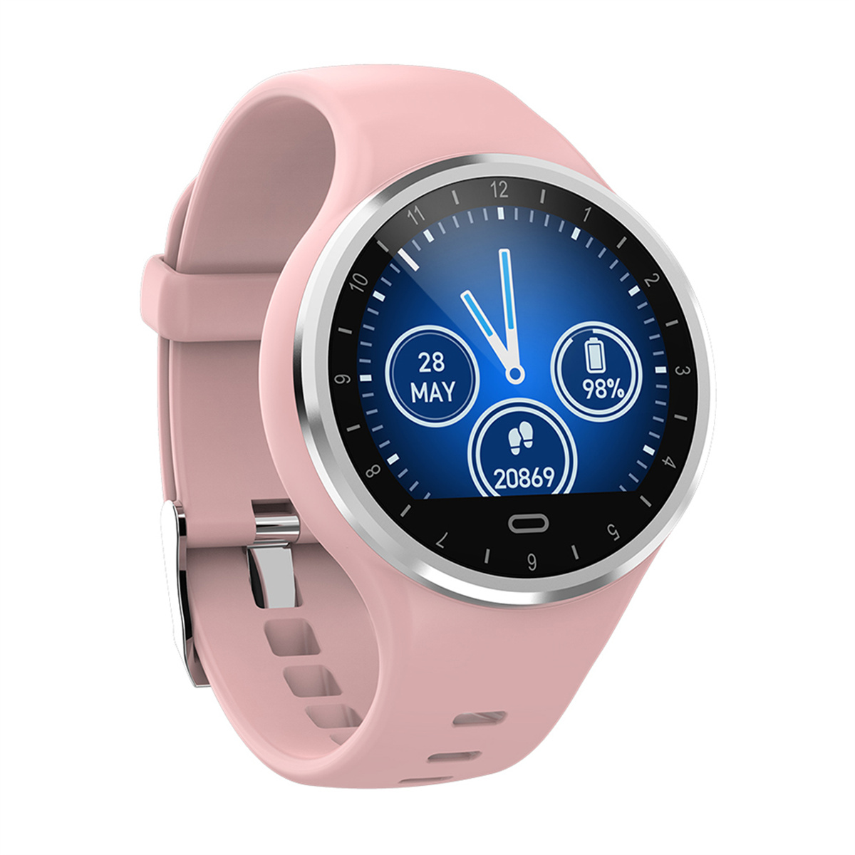 Rosa Smartwatch mit schwarzem Bildschirm, der Datum, Uhrzeit und Akkustand anzeigt.