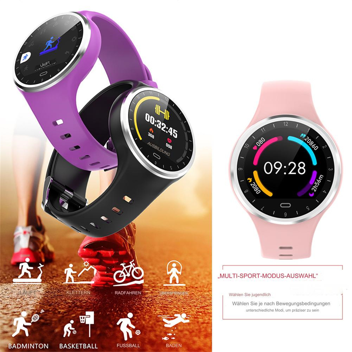 Smartwatches in Lila und Schwarz. Rosa Uhr rechts. Symbole für sportliche Aktivitäten unten.