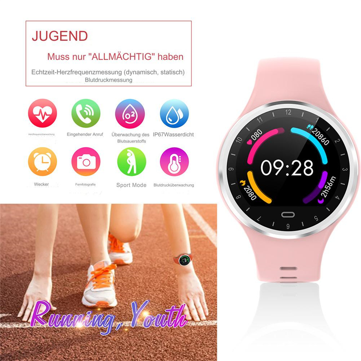 Pinke Smartwatch mit Icons und Beinen eines Läufers.