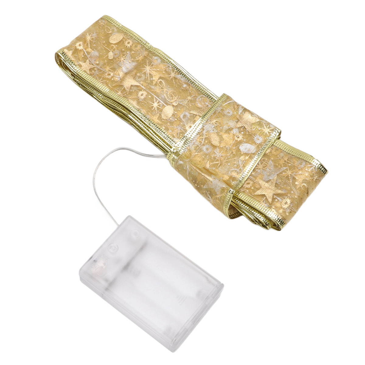 Goldenes Band mit transparentem Abschnitt mit Stern- und Schneeflockenmustern, mit Batteriepack.