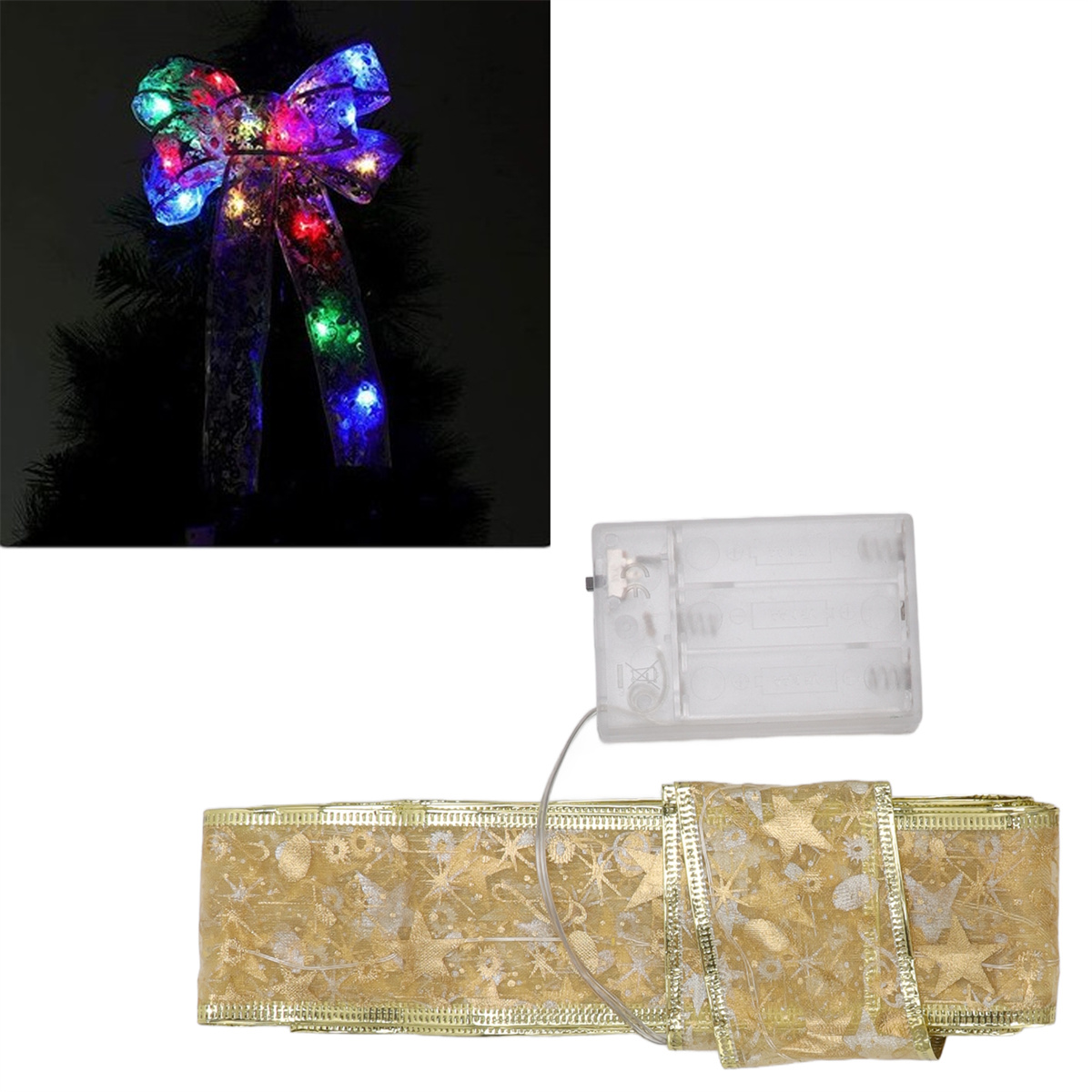 Weihnachtsbaumschleife mit Lichtern und eine Rolle goldenes Band mit Sternen.