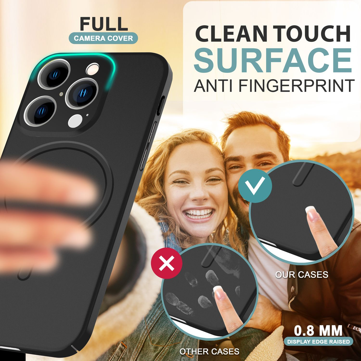 Eine schwarze Handyhülle mit einem Kreis. Hände mit Fingerabdrücken sind als nicht fingerabdrucksicher markiert.