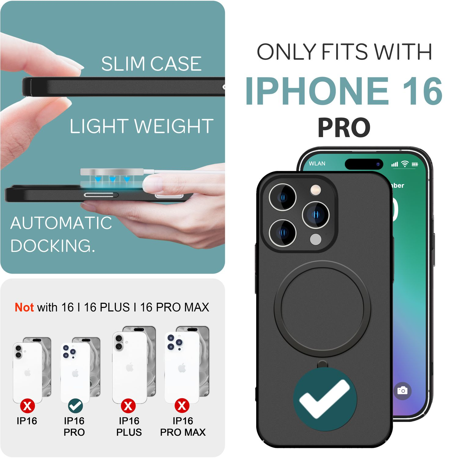 Eine Handyhülle mit einem iPhone 16 Pro. Der Text lautet: 'Passt nur für iPhone 16 Pro'.