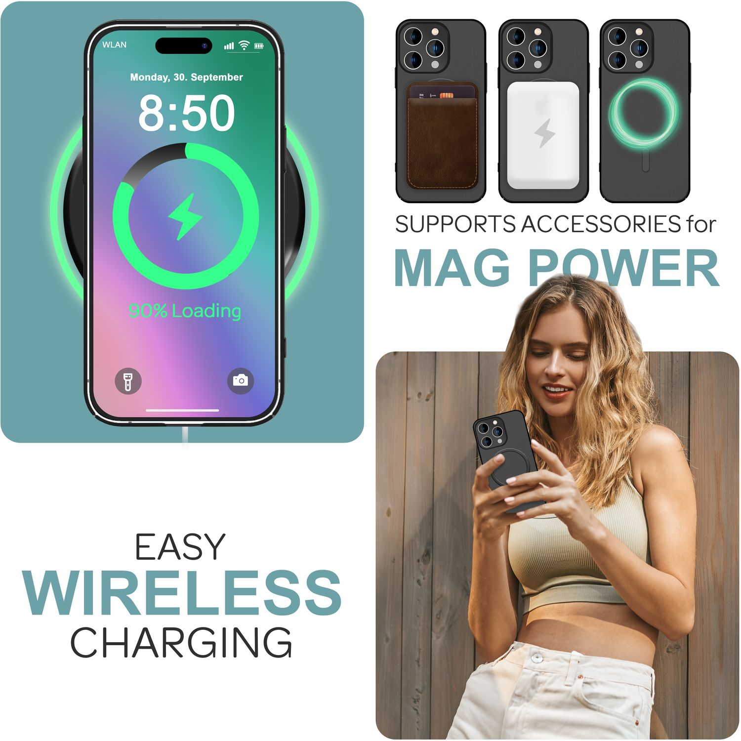 Ein Telefon, das kabellos geladen wird. Das Telefon zeigt ein Ladesymbol und den Prozentsatz an.