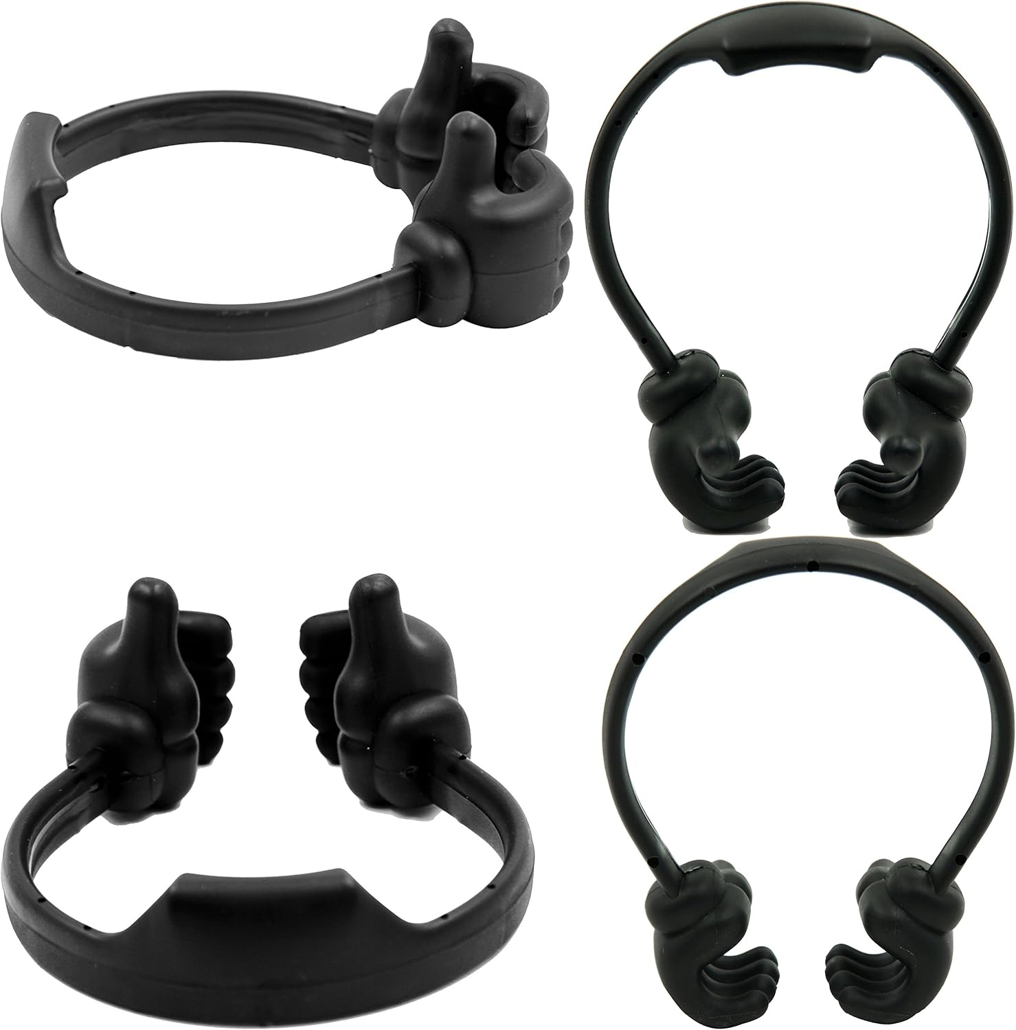 Vier schwarze Telefonhalter in Daumen-hoch-Form. Jeder zeigt Daumen und kreisförmige Basis.