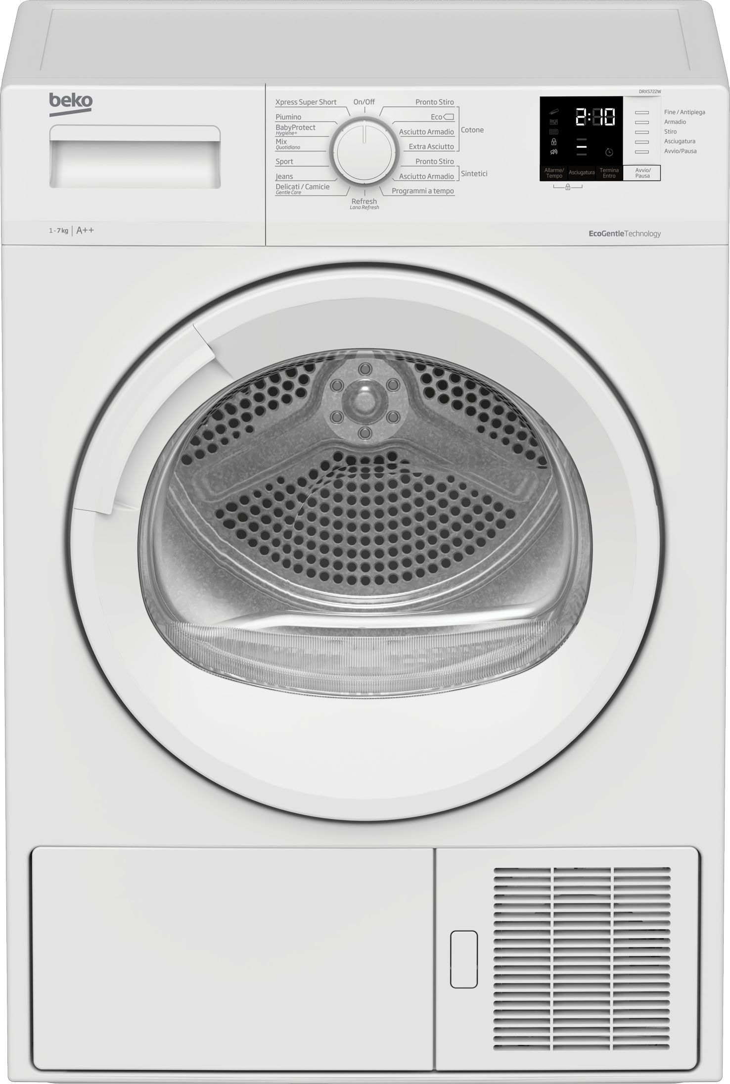 Vista frontale dell'asciugatrice Beko bianca. Pannello di controllo, porta e sfiato visibili. Etichetta EcoGentle Technology.