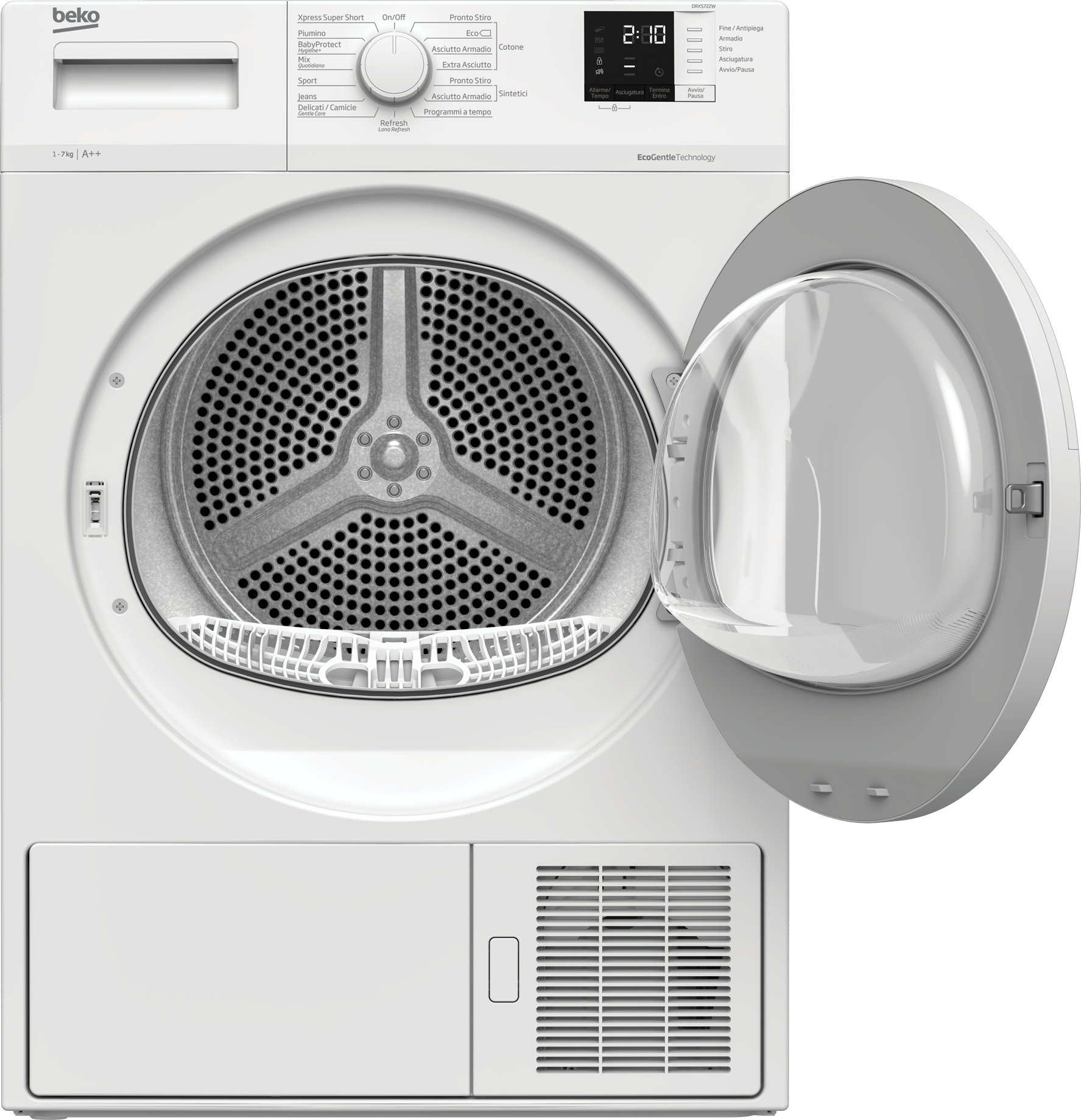 Asciugatrice Beko bianca con porta aperta, mostra l'interno del cestello. Pannello di controllo visibile.