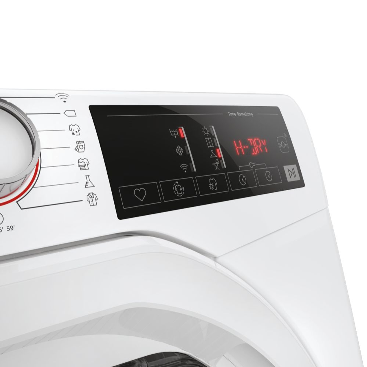 Pannello di controllo lavatrice bianco con display digitale che mostra il tempo di asciugatura.