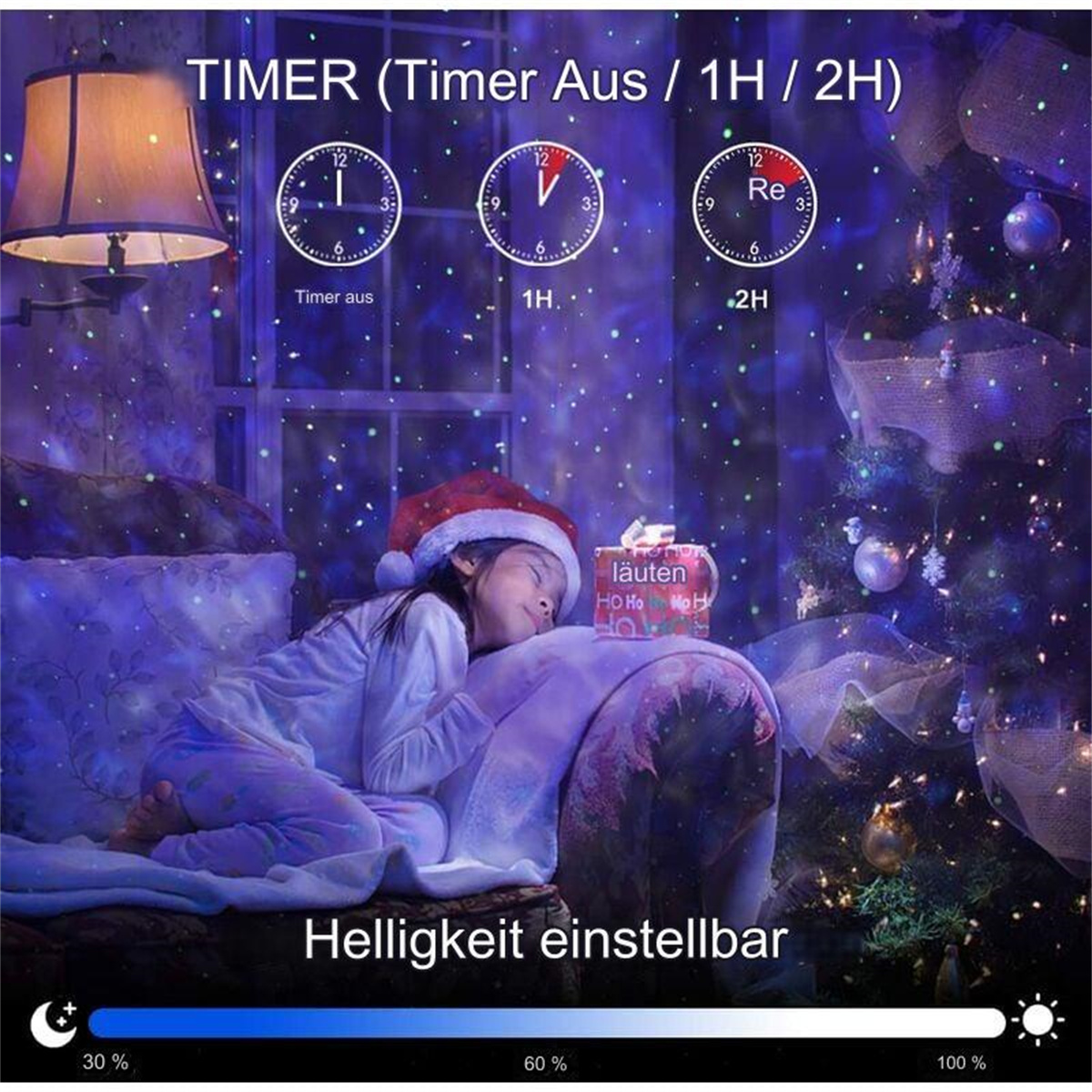 Ein Mädchen schläft auf einer Couch unter einem Weihnachtsbaum mit einer Lichtshow.