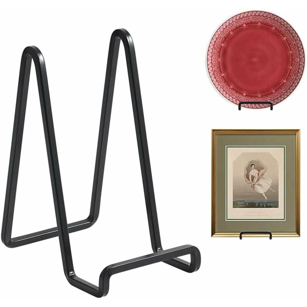 Schwarzer Metallplattenständer mit roter Platte und gerahmter Kunst.