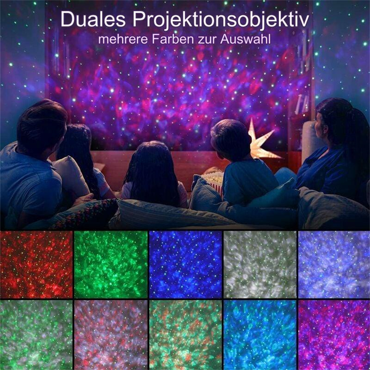 Menschen betrachten einen Sternenhimmel, der auf eine Wand projiziert wird, mit Farboptionen darunter.