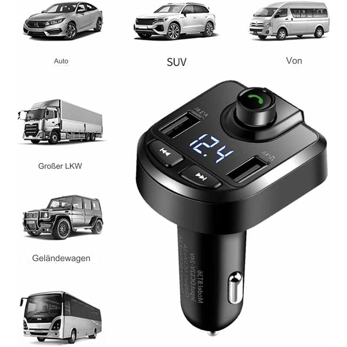 Ein Autoadapter mit USB-Anschlüssen, umgeben von Bildern verschiedener Fahrzeugtypen.