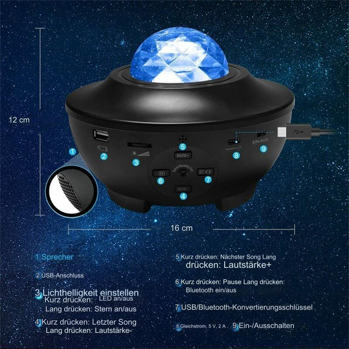 Schwarzer Projektor mit blauem Oberteil. Zeigt Beschriftungen für USB, Strom usw. Dunkler Hintergrund.