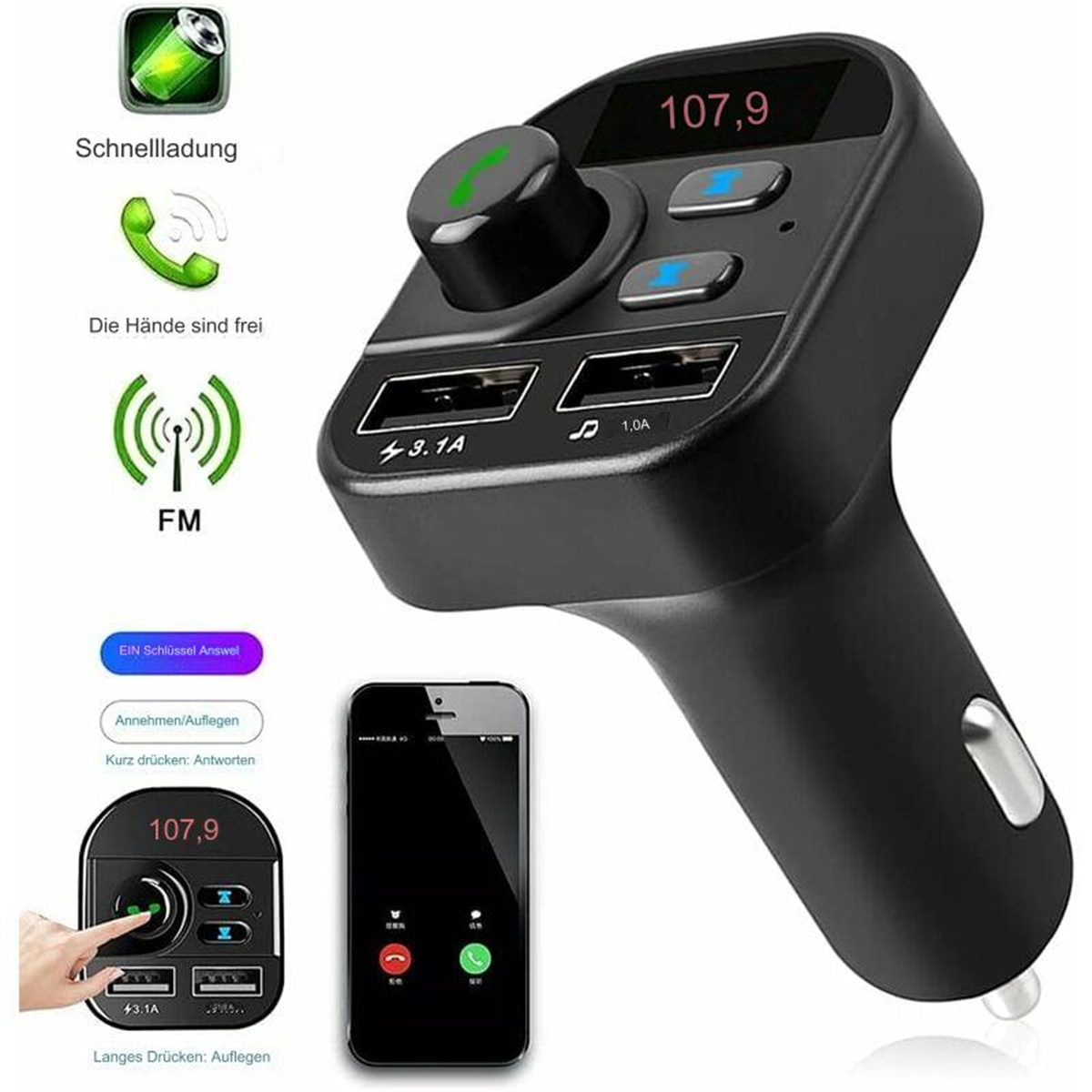 Schwarzer Kfz-FM-Transmitter mit mehreren USB-Anschlüssen. Telefon daneben gezeigt. Knöpfe und Display sichtbar.