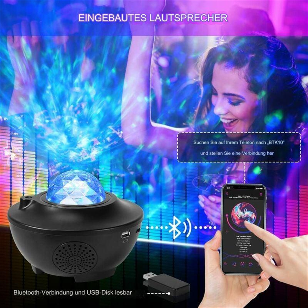 Ein Sternenhimmelprojektor mit einer Person, die ein Telefon zur Steuerung verwendet. Der Projektor ist schwarz und hat einen USB-Anschluss.