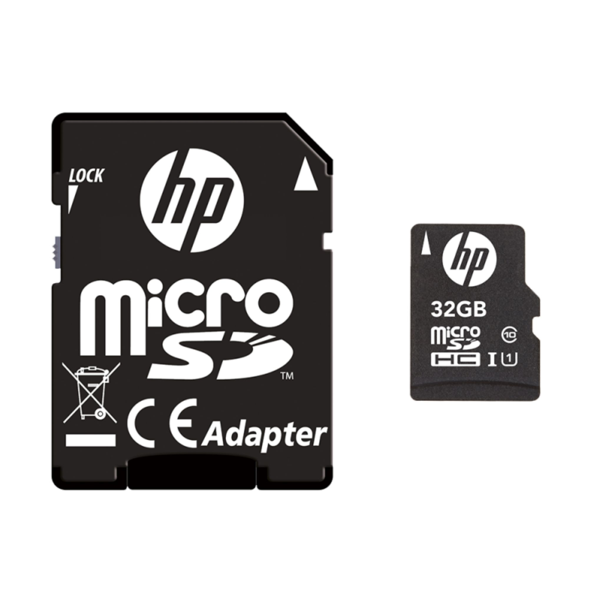 Schwarzer und weißer HP Micro-SD-Kartenadapter und 32 GB Micro-SD-Karte auf weißem Hintergrund.