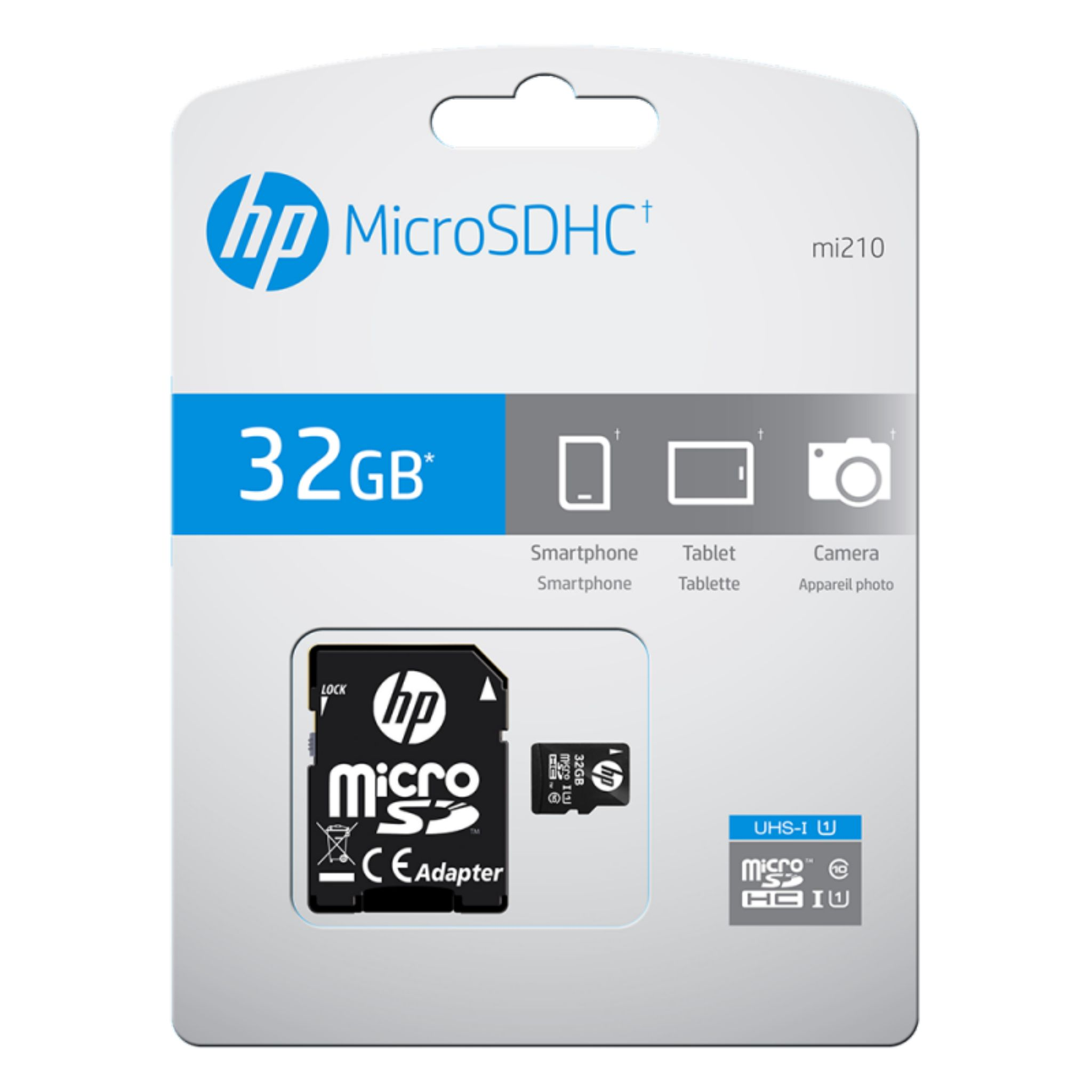 HP MicroSD-Kartenverpackung mit Karte und Adapter.