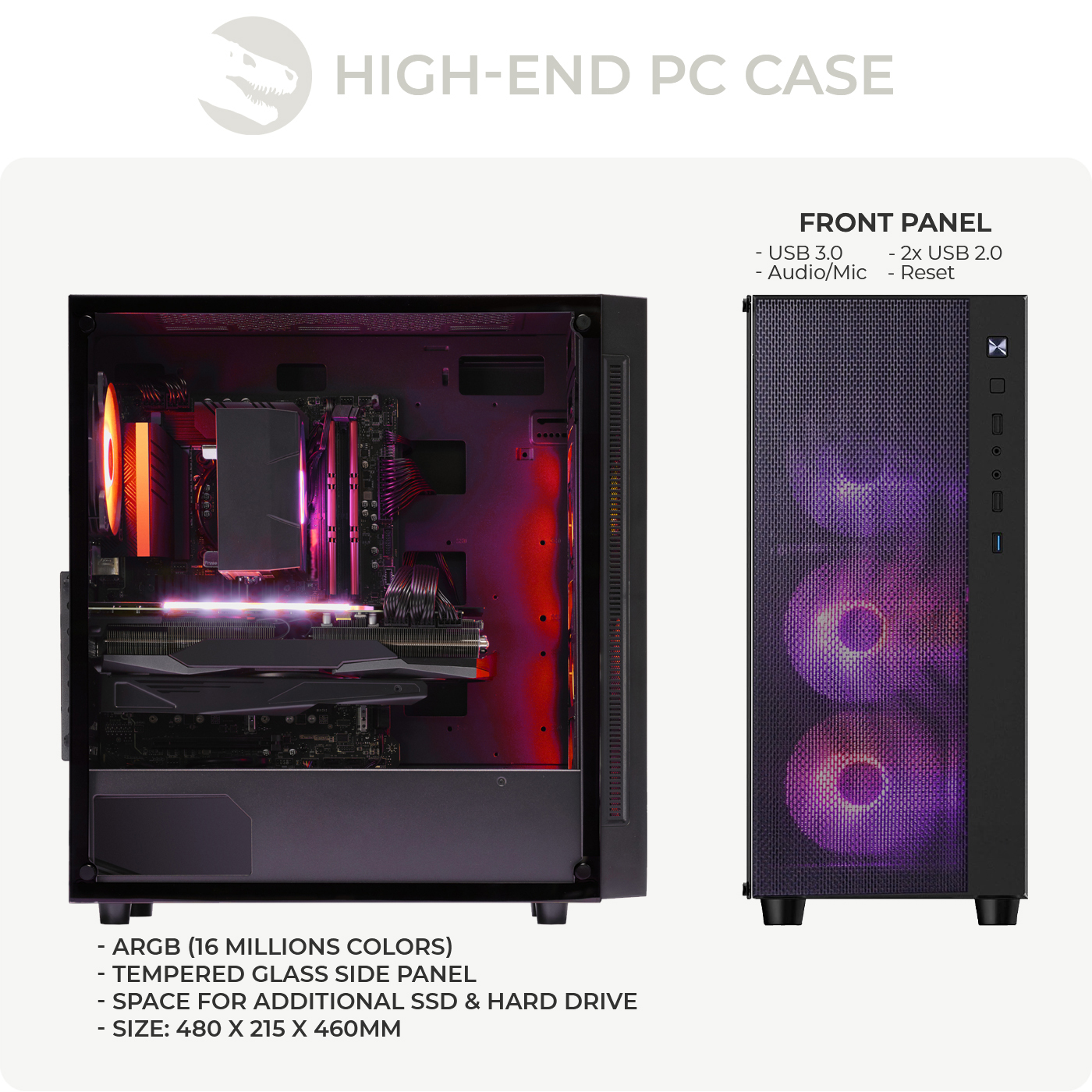 Czarna obudowa PC z szklanym panelem bocznym, podzespoły wewnętrzne oświetlone czerwonym i fioletowym światłem oraz szczegóły panelu przedniego.
