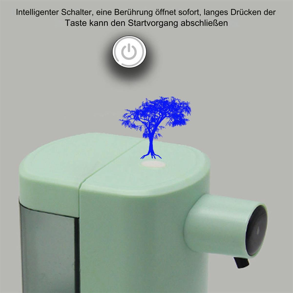 Ein grüner Seifenspender mit einem blauen Baum-Bild oben und einem Power-Knopf.