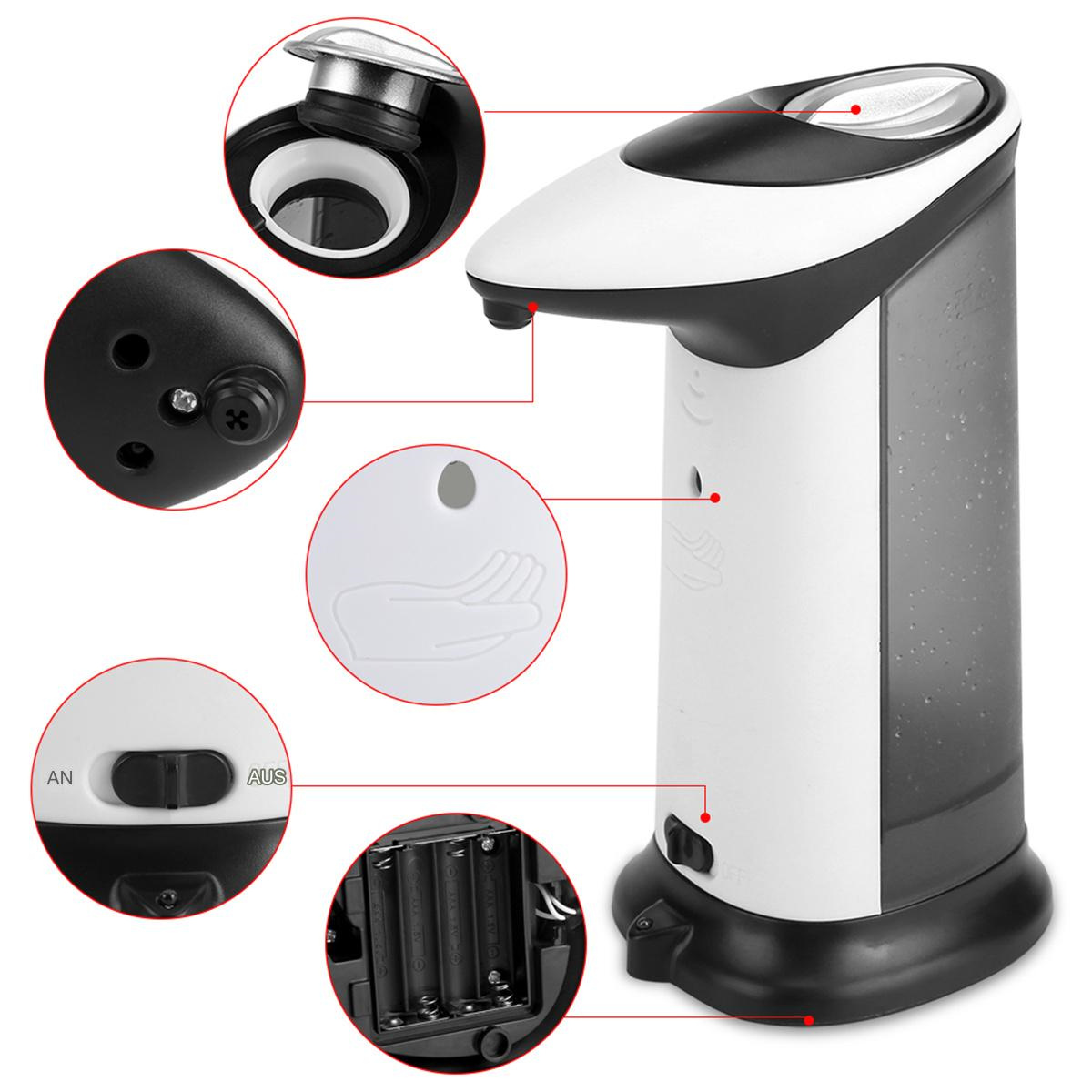 Automatischer Seifenspender, mit Komponenten gezeigt. Weißes und schwarzes Design.