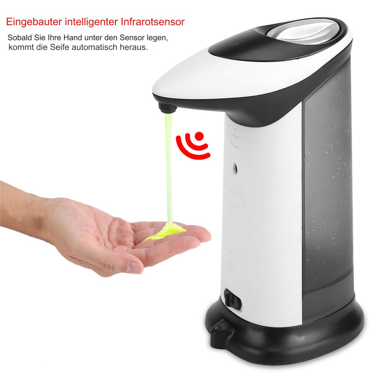 Automatischer Seifenspender, der Flüssigseife in eine Hand abgibt. Text beschreibt den Sensor.