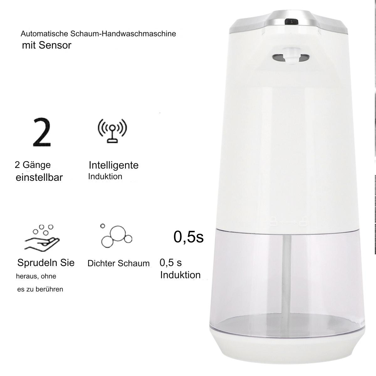 Weiße automatische Schaum-Handwaschmaschine mit Text, Symbolen und Zahlen.