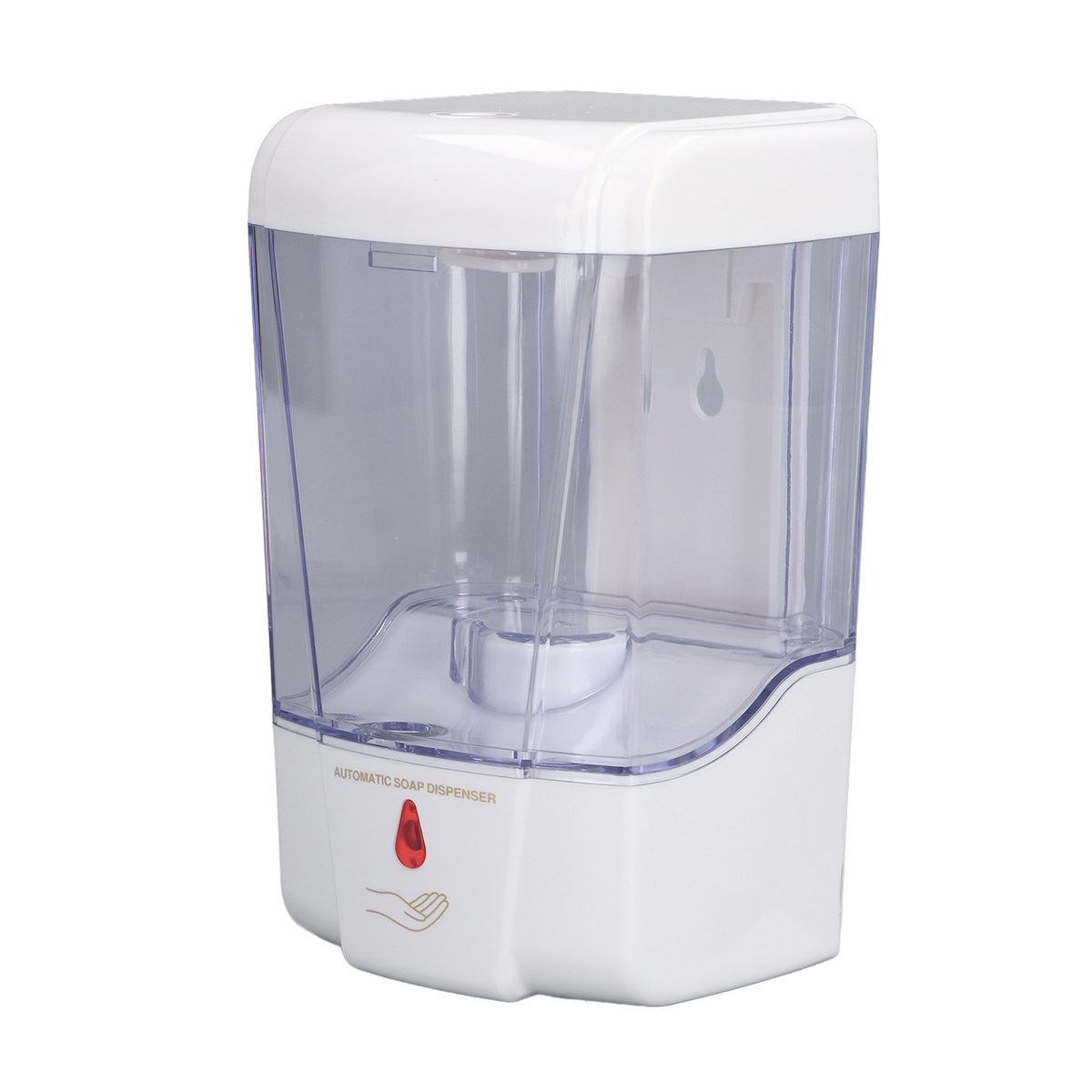 Ein weißer automatischer Seifenspender. Der Spender hat einen transparenten Behälter und einen roten Sensor.