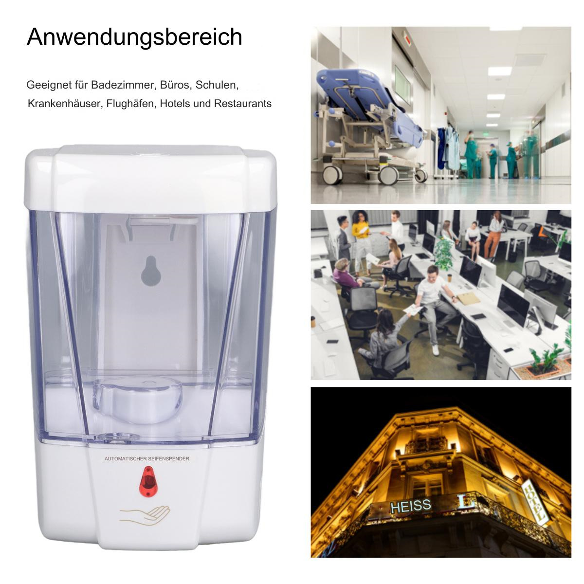 Ein weißer, automatischer Seifenspender mit Bildern seines Anwendungsbereichs.