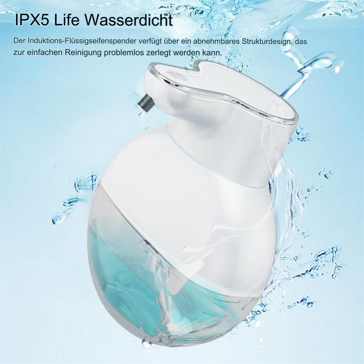 Ein weißer automatischer Seifenspender mit durchsichtigem Deckel, Wasser, das darum spritzt, und Text auf Deutsch.