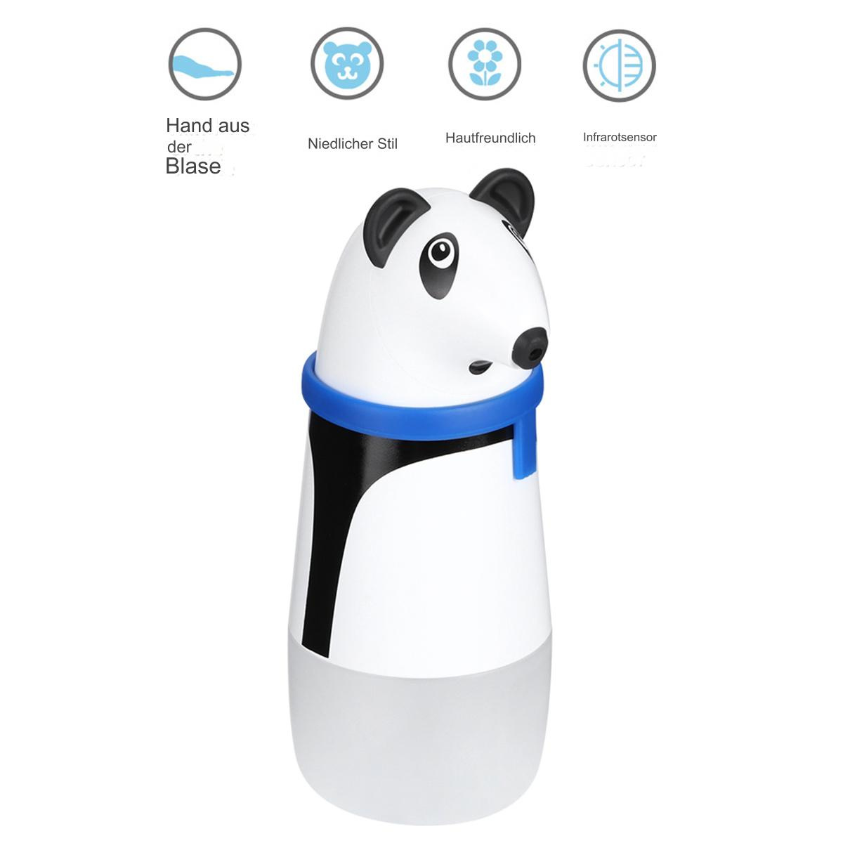 Weißer Seifenspender in Pandaform mit blauem Schal. Symbole oben. Schwarz-weißer Panda.