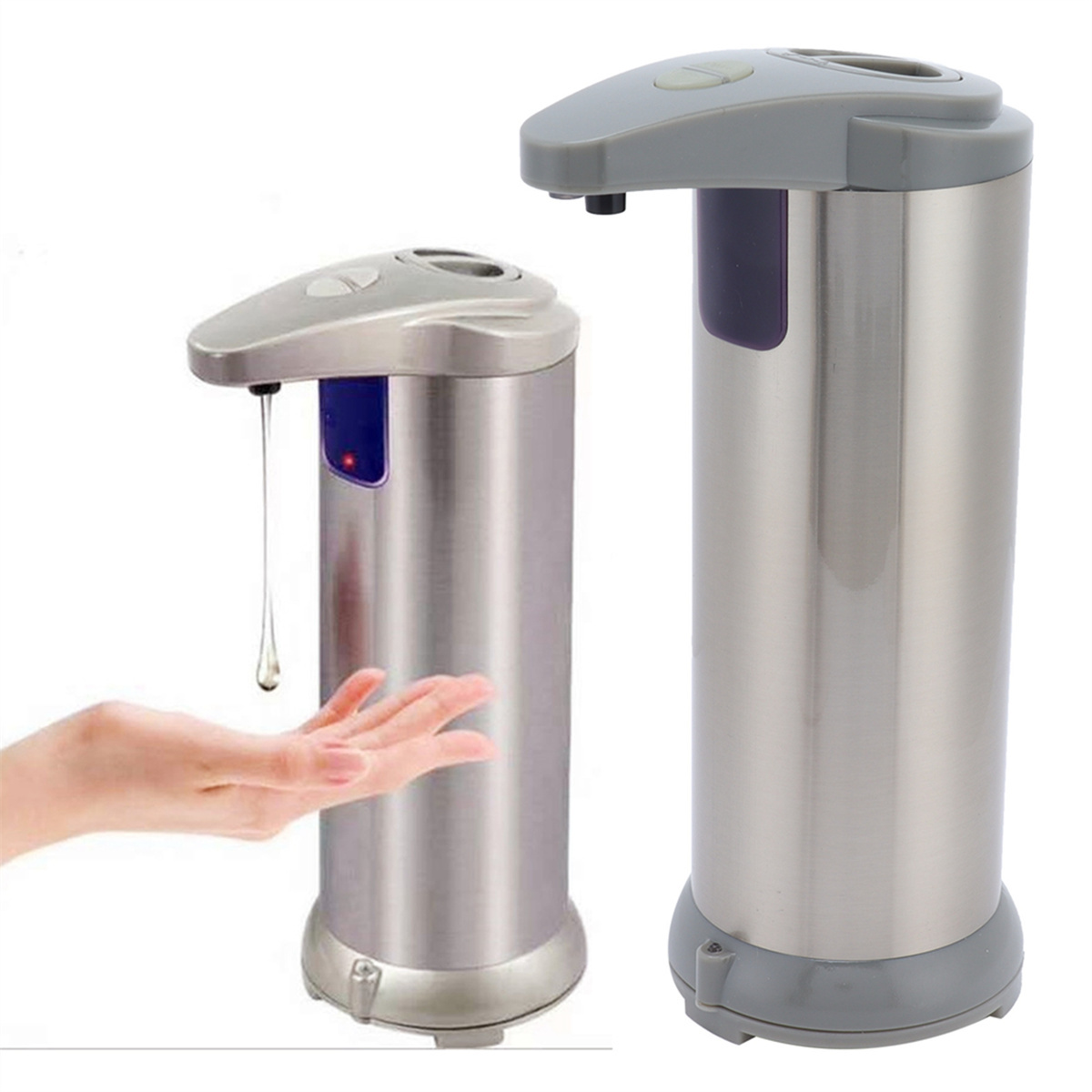 Zwei automatische Seifenspender aus Stahl. Einer gibt Seife auf eine Hand ab.