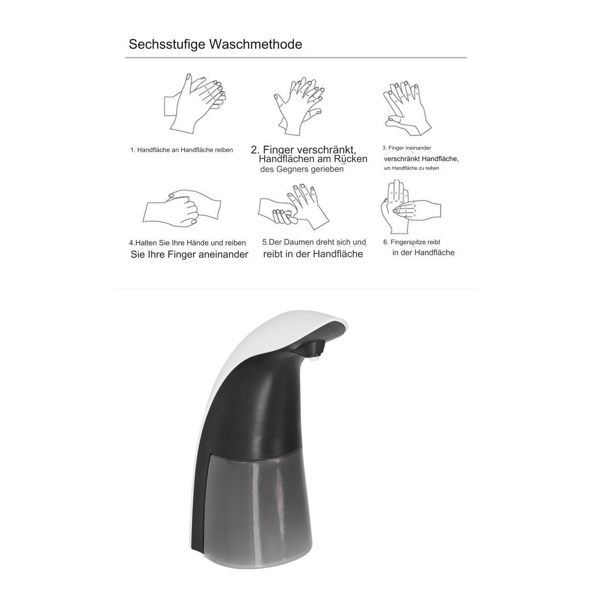 Diagramm, das einen Händewaschvorgang mit sechs Schritten und einen Seifenspender zeigt.