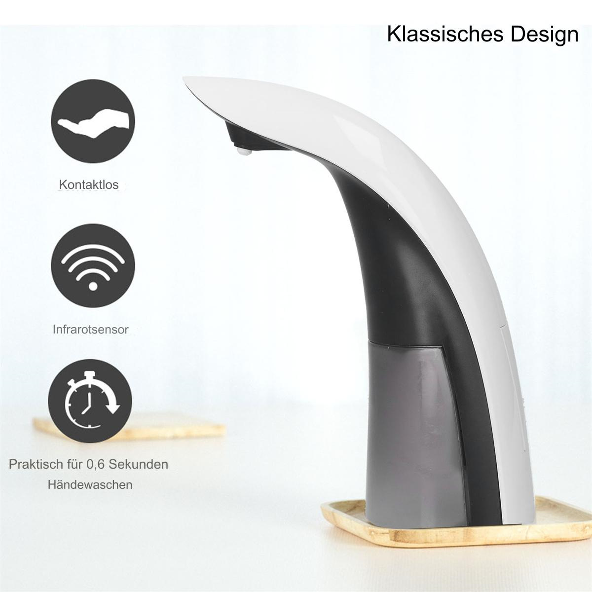 Ein weißer, moderner, automatischer Seifenspender mit schwarzem und grauem Sockel und einem Handsymbol.