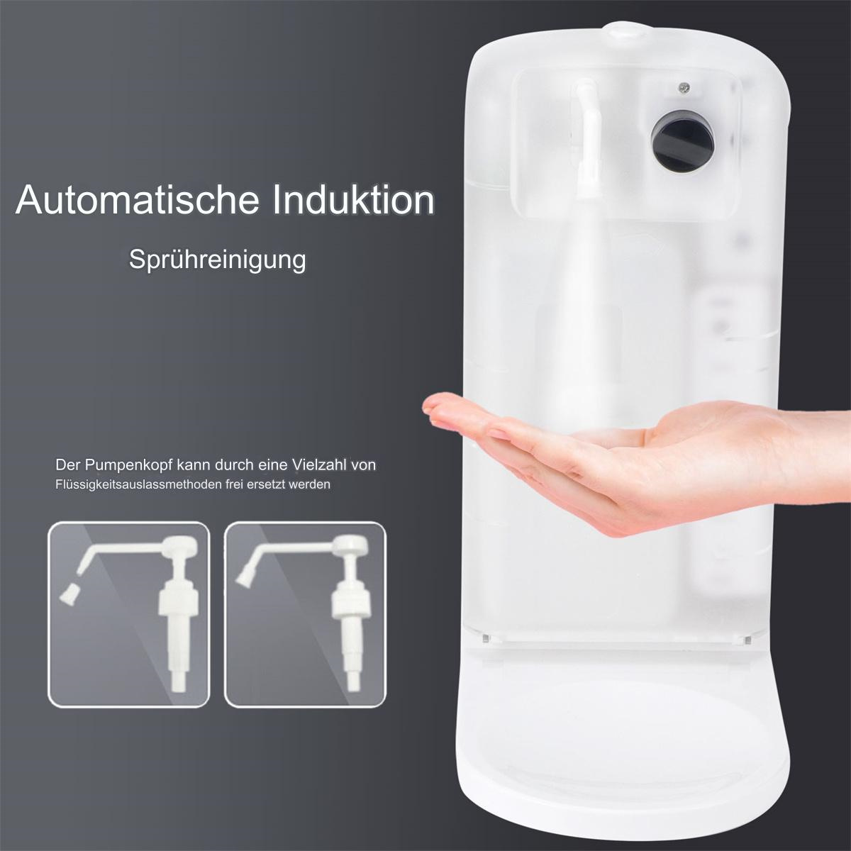 Weißer automatischer Händedesinfektionsmittelspender mit Hand und zwei Düsen.