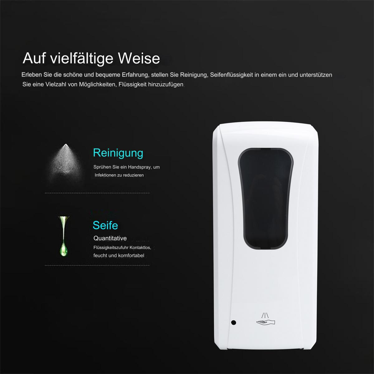 Ein weißer, automatischer Seifenspender mit Text und Diagrammen, die erklären, wie er reinigt und Seife abgibt.