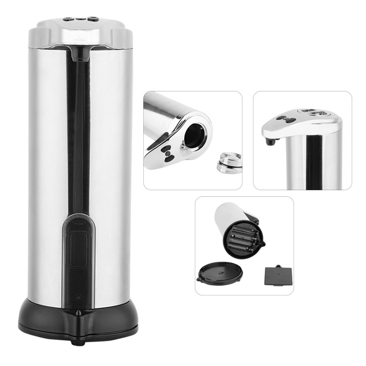 Silberner, automatischer Seifenspender mit schwarzen Details. Das Produkt wird mit Nahaufnahmen von Teilen gezeigt.