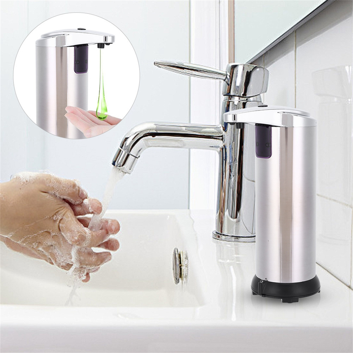 Automatischer Seifenspender mit Wasser, das im Waschbecken läuft.