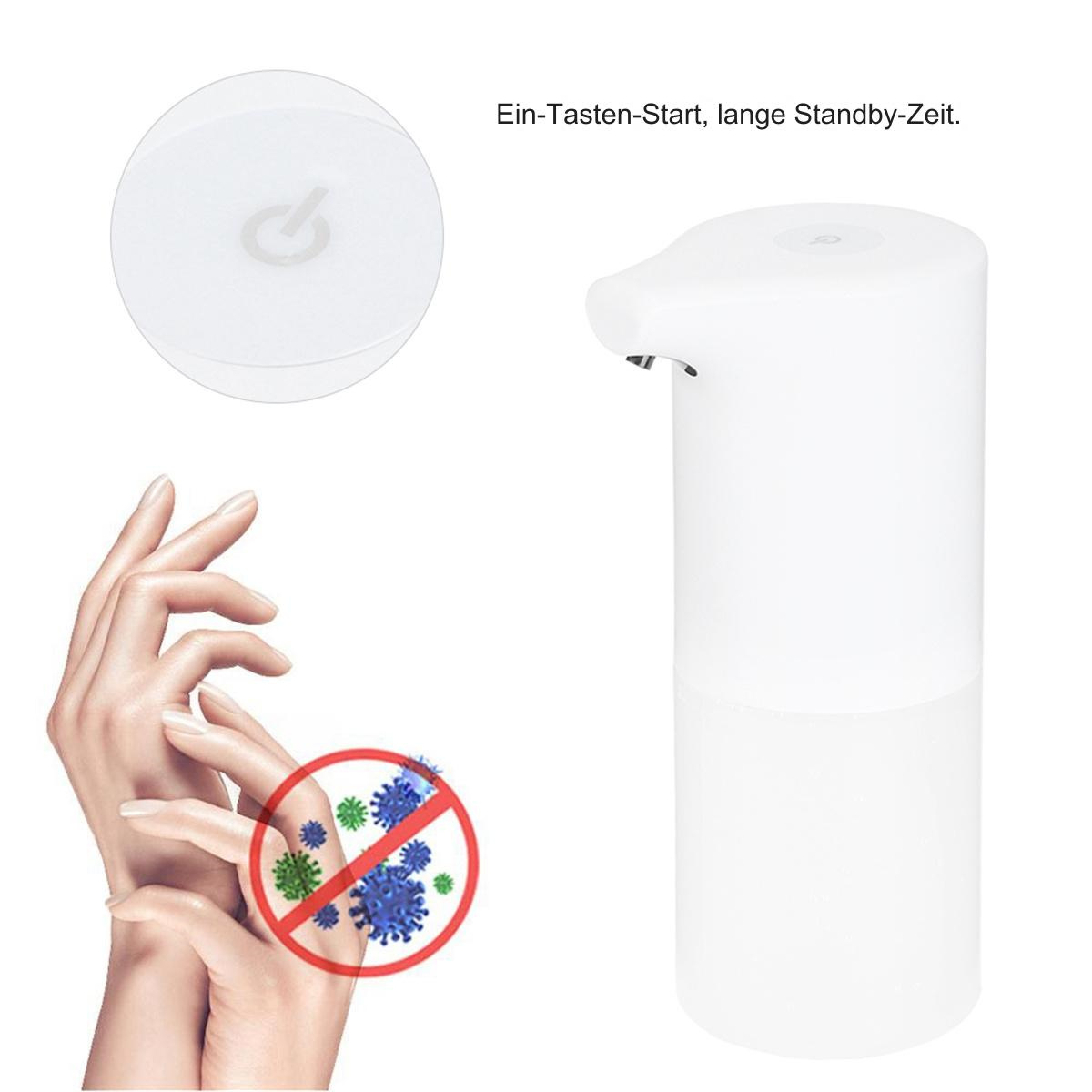 Weißer automatischer Seifenspender und eine Hand mit Virus-Schutzsymbol.